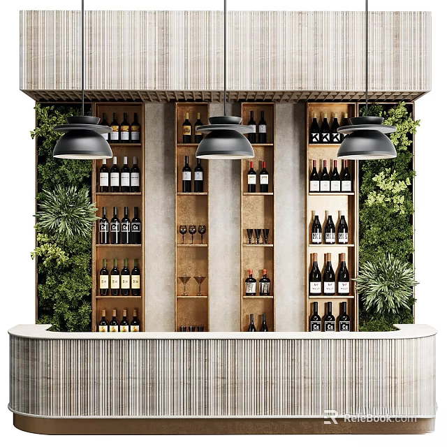 Commercial Bar Equipment With Wine Racks Pendant Lights And Green Plants 3d model 