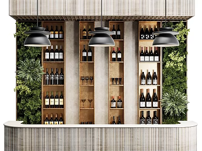 Commercial Bar Equipment With Wine Racks Pendant Lights And Green Plants 3d model