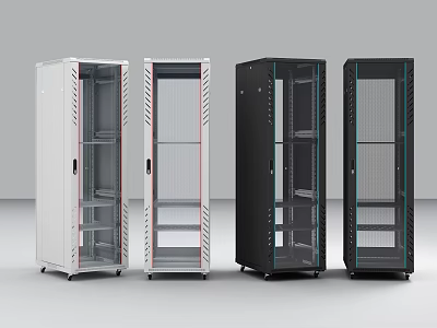 Commercial Network Cabinets With White Black Colors Transparent Glass Doors Metal Frames And Wheels 3d model