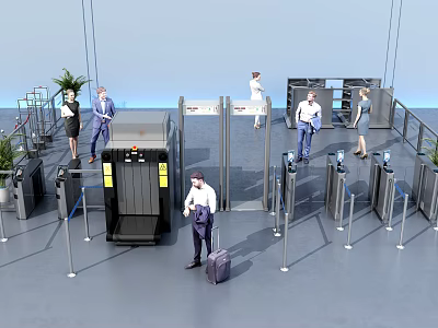 Public Facility Security Check Area With Elevator And Passengers Carrying Luggage 3d model