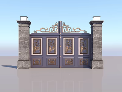 Dark Blue Double Door Entrance Gate With Ornate Carvings And Stone Pillars With Lamps 3d model