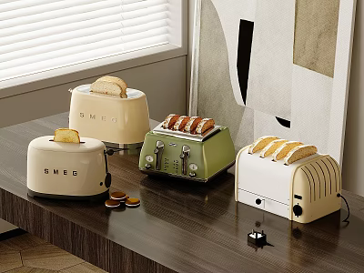 Colorful Toasters As Kitchen Appliances On Counter With Toasted Bread 3d model