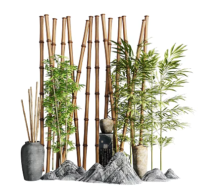 Serene Garden Decor With Bamboo Screen Green Plants Clay Pots And Stones 3d model