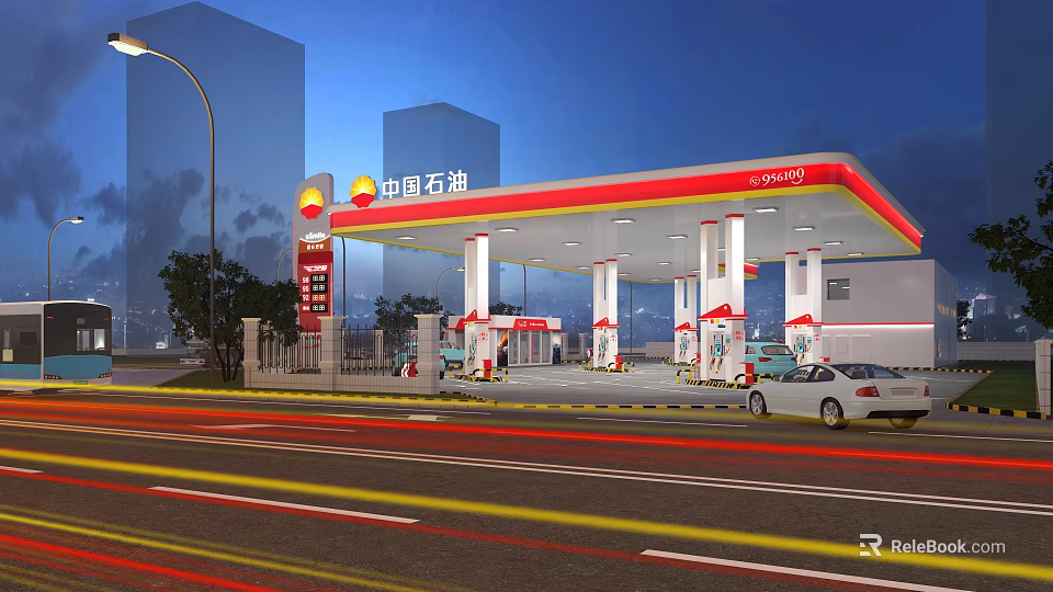 China National Petroleum Modern Petrol Station With Multiple Fuel Pumps Bright Lighting And White Car 3d model 