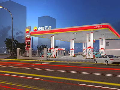 China National Petroleum Modern Petrol Station With Multiple Fuel Pumps Bright Lighting And White Car 3d model