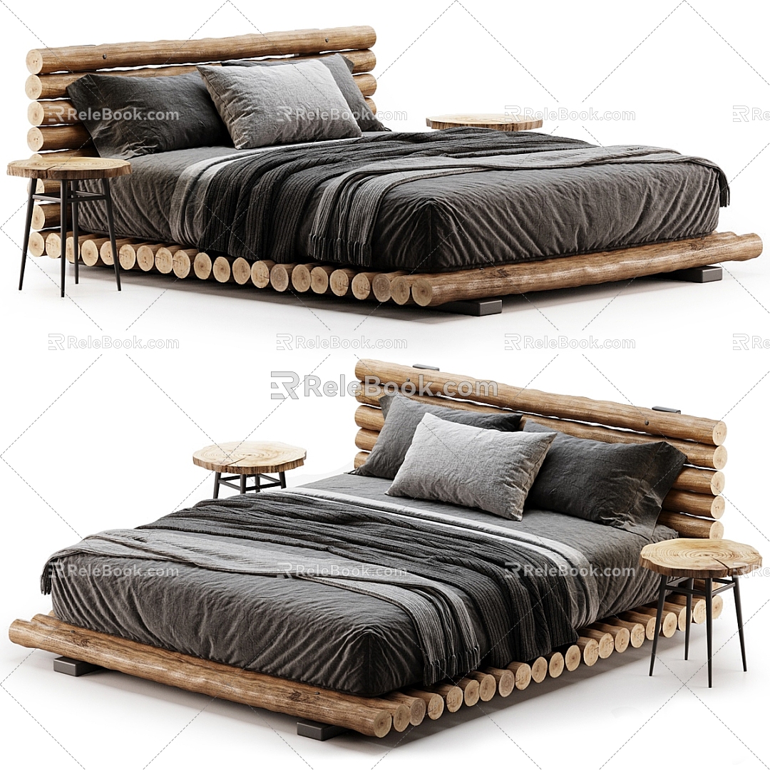 Modern Double Bed Log Double Bed Fabric Double Bed Double Bed Combination 3d model