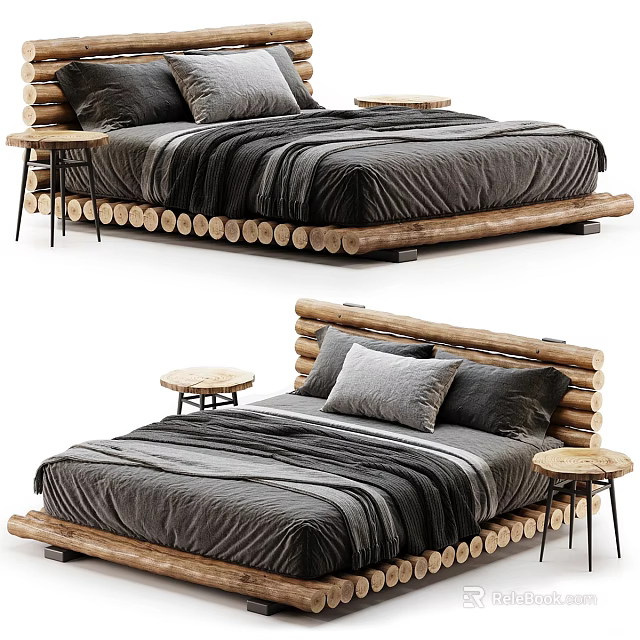 Natural Rustic Double Bed With Round Log Frame Soft Gray Bedding And Small Side Tables 3d model 