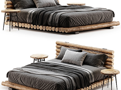 Modern Double Bed Log Double Bed Fabric Double Bed Double Bed Combination 3d model