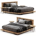 Natural Rustic Double Bed With Round Log Frame Soft Gray Bedding And Small Side Tables