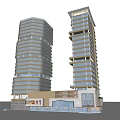 Modern Office Towers With Glass Curtain Walls And Connected Low Rise Base
