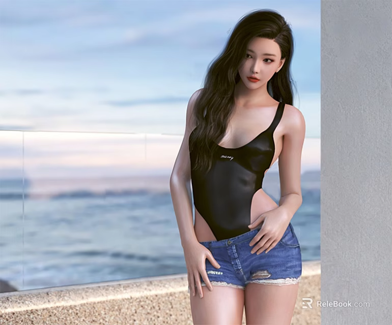 Woman in Black Bodysuit and Distressed Denim Shorts by Seaside Railing with Ocean View Sky 3d model 