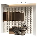 Modern Reception Desk With Stone Countertop And Decorative Branches Against Grid Patterned Wall 3d model