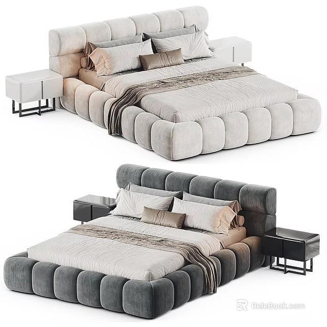 Modern Double Bed With Velvet Upholstery Rounded Edges And Matching Nightstands 3d model 