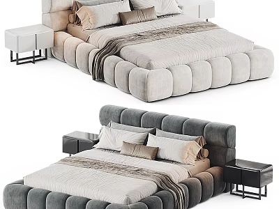 Modern Double Bed With Velvet Upholstery Rounded Edges And Matching Nightstands 3d model