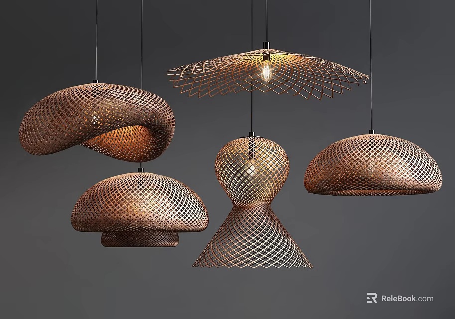 Unique Artistic Woven Pendant Lights With Diverse Shapes And Warm Tones 3d model 