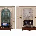 Luxurious TV Background Wall With Marble Panels Arched Frame And Decorative Sconces 3d model