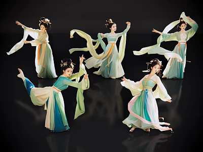 Women In Traditional Hanfu Dancing With Flowing Sleeves And Graceful Movements 3d model