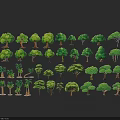 Various Green Tree Models in Different Shapes Arranged on Black Background 3d model