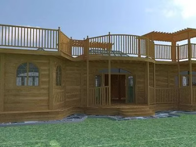 Wooden House Exterior With Wooden Balcony Porch Railings And Green Grass 3d model