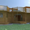 Wooden House Exterior With Wooden Balcony Porch Railings And Green Grass