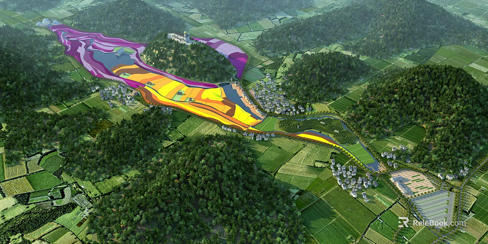 Integrated Aerial Planning Featuring Green Forests Color Coded Zones River And Rural Villages 3d model 