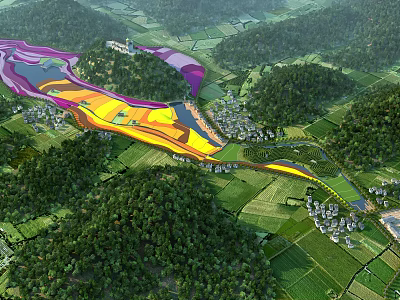 Integrated Aerial Planning Featuring Green Forests Color Coded Zones River And Rural Villages 3d model