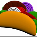 Taco With Yellow Shell Green Veggies Red Sauce White Purple Onion Rings Brown Meat Patty