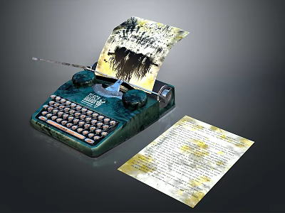 Vintage Typewriter with Printed Paper Sheets and Classic Design on Desk 3d model