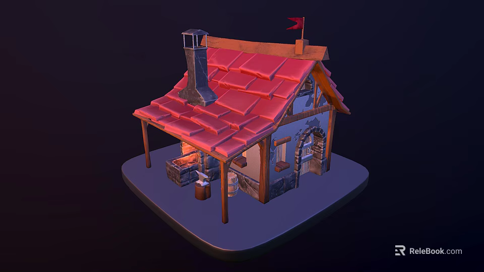 Cartoon Scene of Small House With Red Roof Chimney Small Flag Porch and Wooden Barrel 3d model 