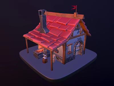 Cartoon Scene of Small House With Red Roof Chimney Small Flag Porch and Wooden Barrel 3d model