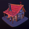 Cartoon Scene of Small House With Red Roof Chimney Small Flag Porch and Wooden Barrel