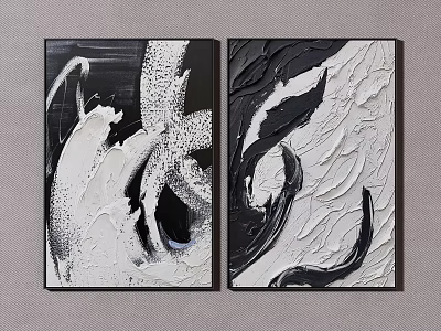 Two Framed Black And White Abstract Paintings With Textured Brush Strokes 3d model