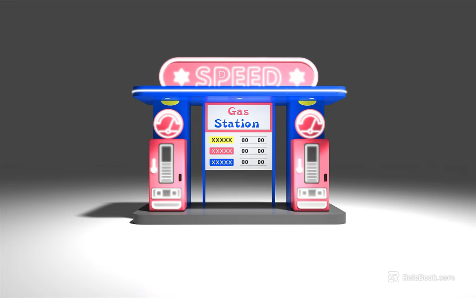 Speed Gas Station Featuring Blue Canopy Pink Fuel Pumps And Price 3d model 