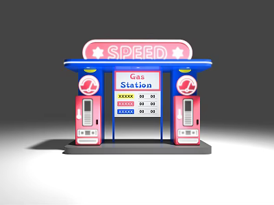 Speed Gas Station Featuring Blue Canopy Pink Fuel Pumps And Price 3d model