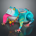 Colorful Reptile with Turquoise Body Yellow Eyes Extended Pink Tongue and Decorative Necklace Backpack Structure