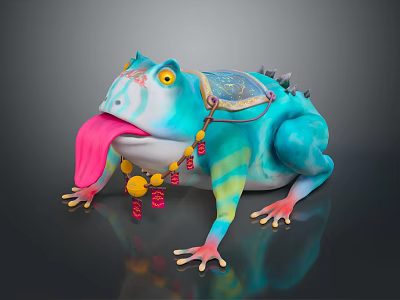 Colorful Reptile with Turquoise Body Yellow Eyes Extended Pink Tongue and Decorative Necklace Backpack Structure 3d model