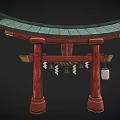 Traditional Chinese Memorial Archway With Red Pillars Green Curved Roof And Decorative Tassels