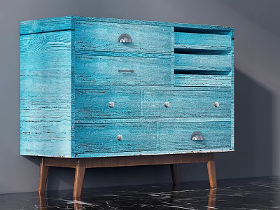 Blue Wooden Entryway Console Cabinet With Drawer Storage Metal Handles And Brown Legs 3d model