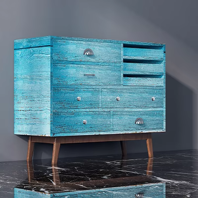 Blue Wooden Entryway Console Cabinet With Drawer Storage Metal Handles And Brown Legs 3d model