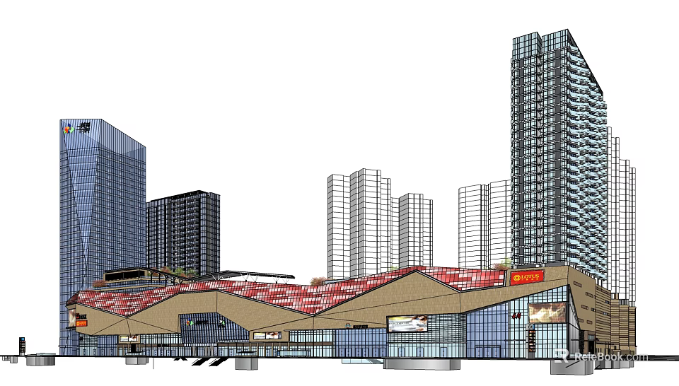 Modern Commercial Complex With Glass Facade Red Roof And Surrounding High Rise Buildings 3d model 
