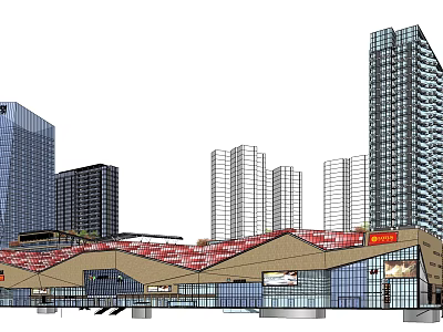Modern Commercial Complex With Glass Facade Red Roof And Surrounding High Rise Buildings 3d model