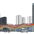 Modern Commercial Complex With Glass Facade Red Roof And Surrounding High Rise Buildings