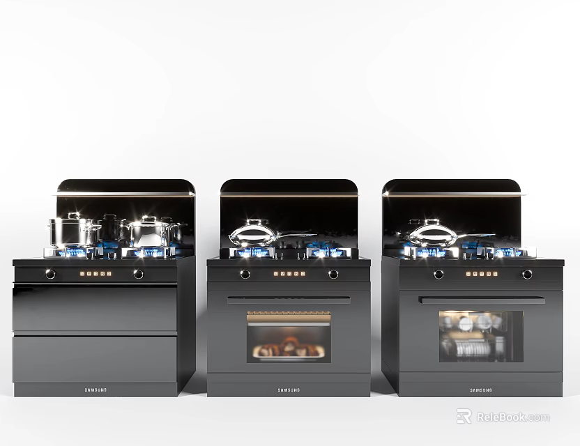 Modern Black Kitchen Stove Oven Appliances With Pots On Top Design 3d model 
