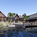 Tropical Wooden Resort Buildings With Gabled Roofs Palm Trees And Calm Waterfront View