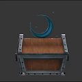 Vintage Wooden Chest With Metal Frame Rivets Wheels And Blue Crescent Decoration Floating Particles