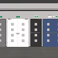 Interior Gray White Black Blue Double Doors With Small Glass Panels Indoor Emergency Exit Signs