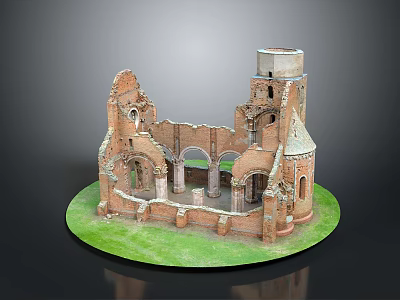 Scenic Ancient Castle Ruins With Red Brick Tower Arches And Green Grass Base 3d model