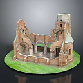 Scenic Ancient Castle Ruins With Red Brick Tower Arches And Green Grass Base