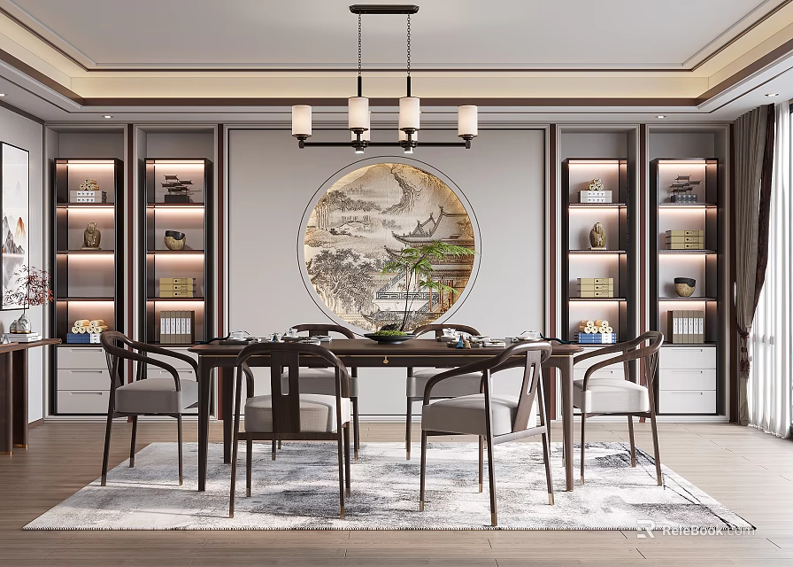 Chinese Style Restaurant Interior With Circular Landscape Painting Dining Table And Display Cabinets 3d model 