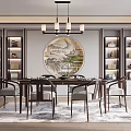 Chinese Style Restaurant Interior With Circular Landscape Painting Dining Table And Display Cabinets